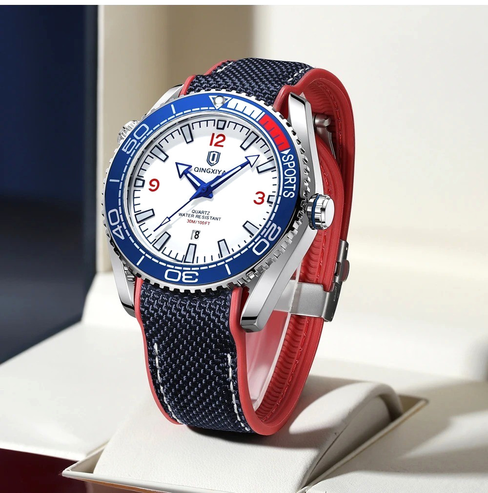 44MM QINGXIYA Quartz Diver Men’s Watch Nylon 30M Waterproof Date Luminous NEW
