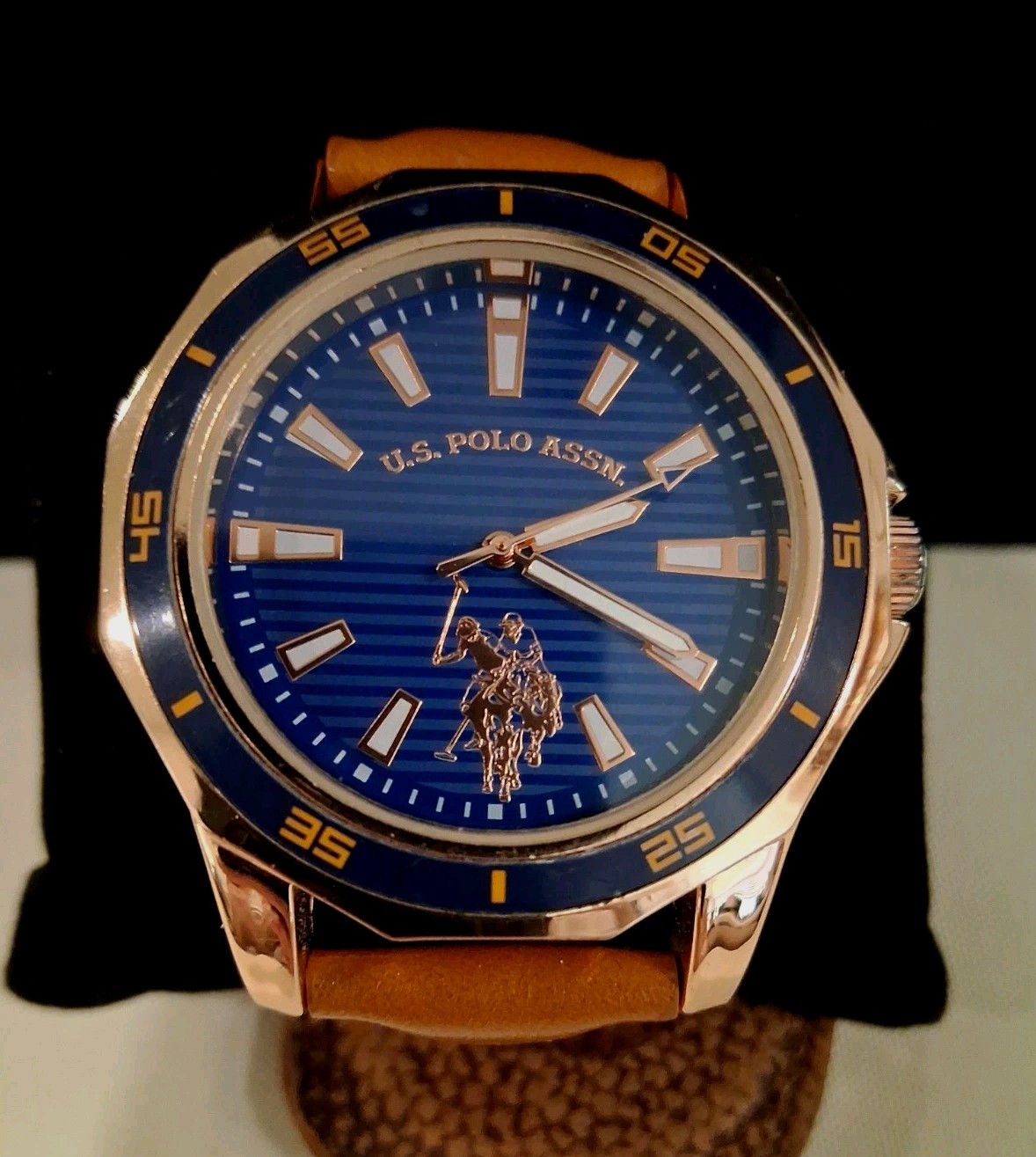 U.S. PoloAssn. Men’s Quartz BlueStripeDial &Blue/GoldBezel,&Brown Leather Strap