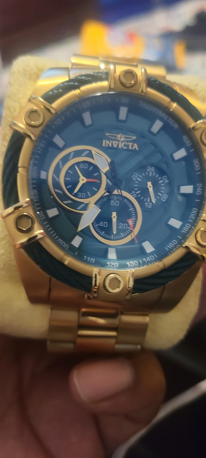 Invicta Bolt Men’s Quartz Chronograph Blue Textured Dial Gold SS Bracelet