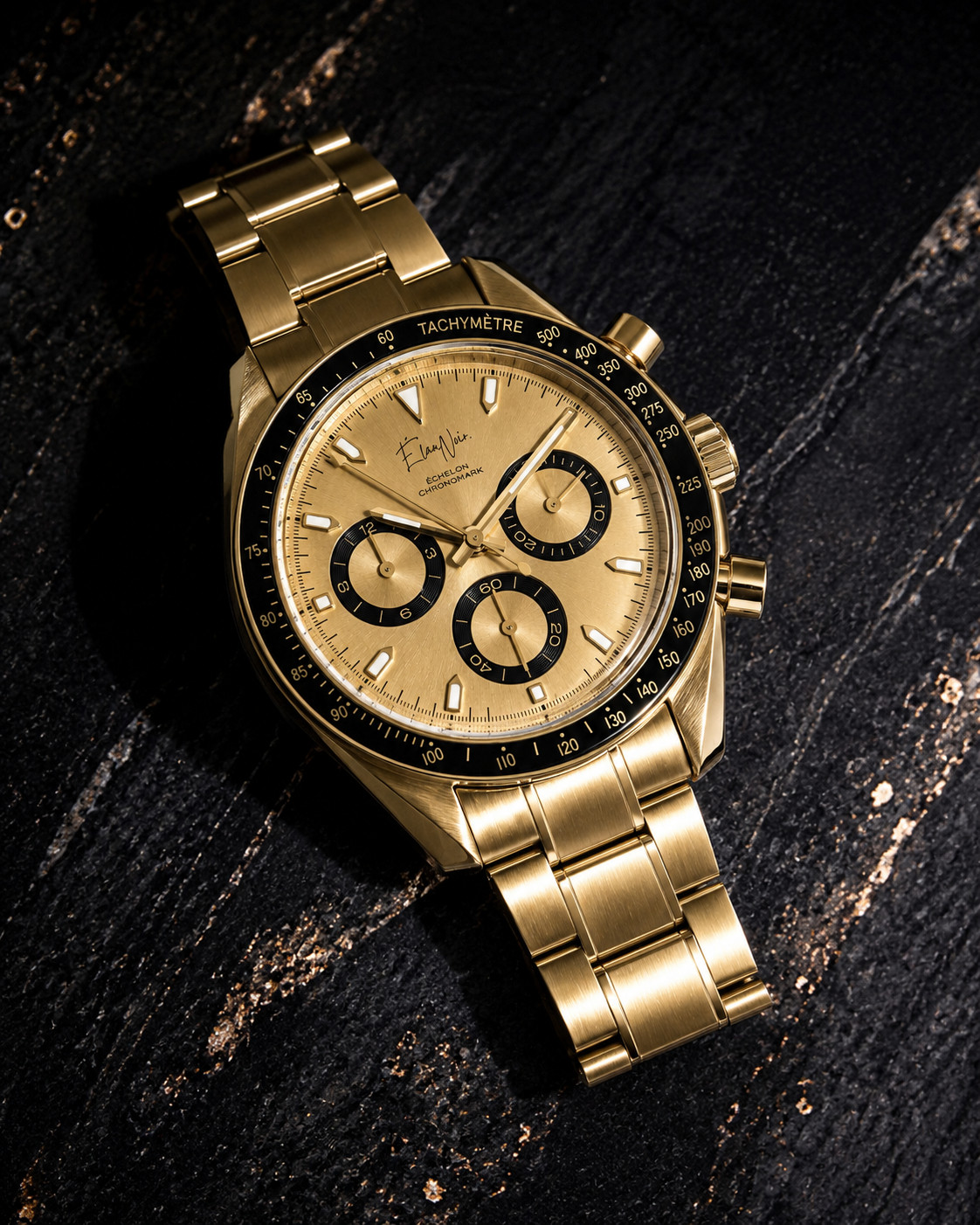 Élan Noir Chronograph Watch VK63 Gold Dial Sapphire Crystal Steel 40mm