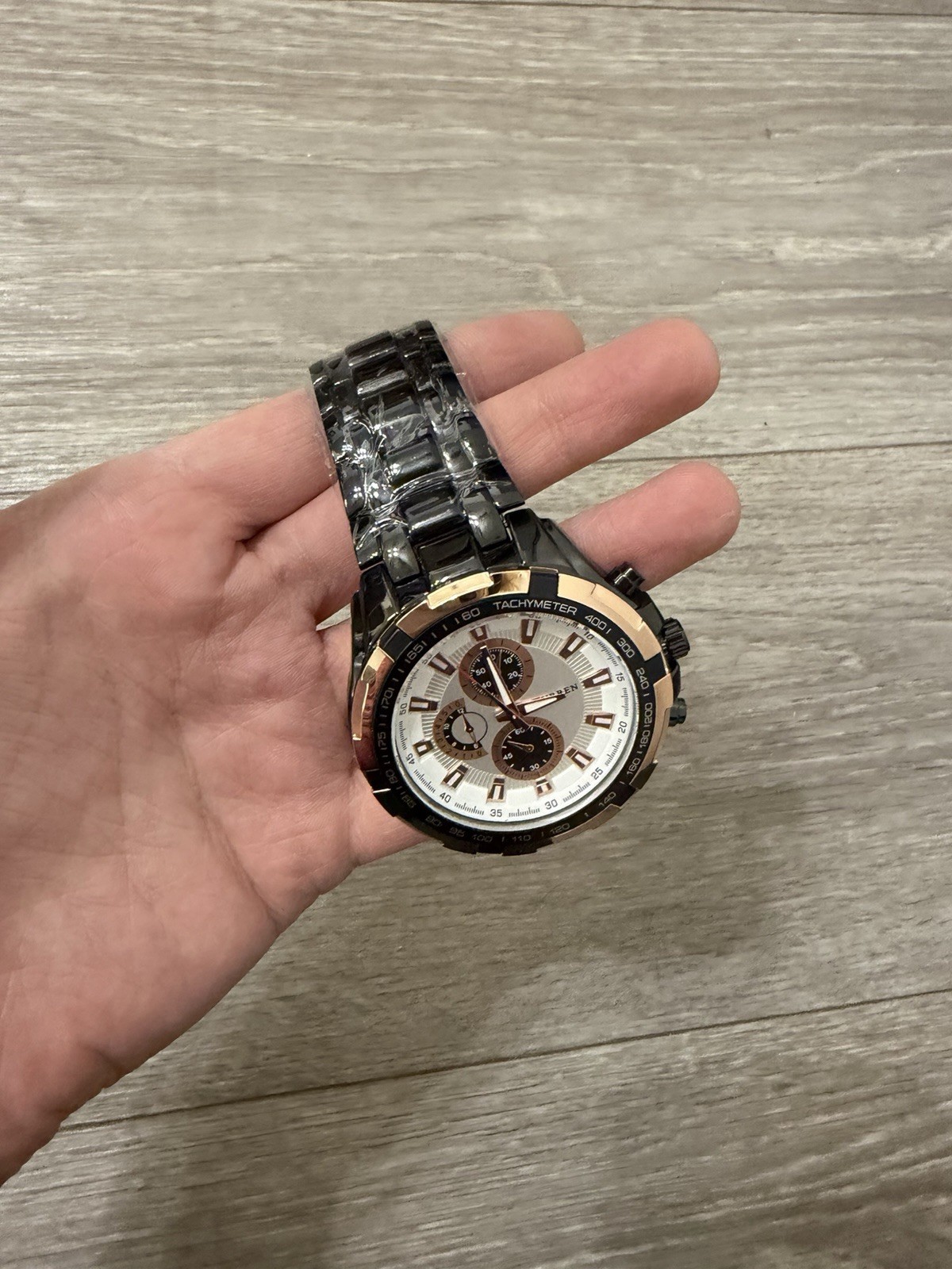 CURREN Men’s Chronograph Tachymeter Quartz 46mm Black/Rose Gold Bracelet