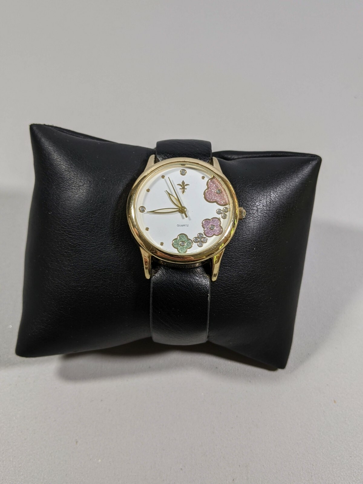Green Pink Purple Round Gold Tone Case 34 mm Black Faux Leather Band Watch 9 In.