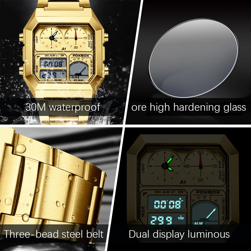 LIGE FOXBOX Men Watch Rectangle Wristwatch Digital Quartz Male Steel LED Watches
