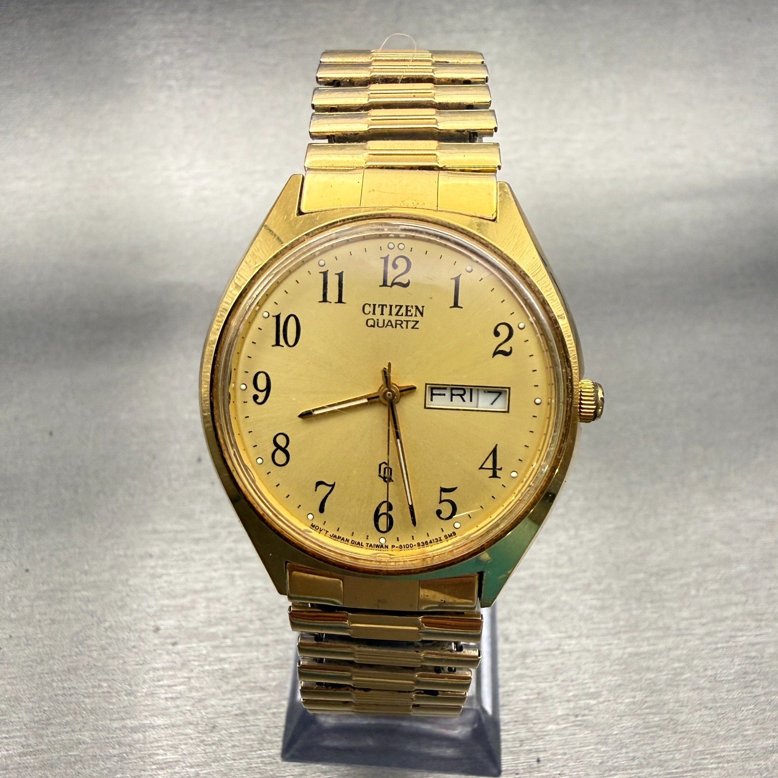 Citizen CQ Watch Men 35mm Gold Dial Gold Tone Daydate Round 6100-S09869 New Batt