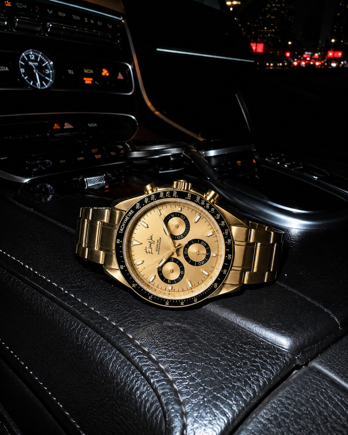 Élan Noir Chronograph Watch VK63 Gold Dial Sapphire Crystal Steel 40mm