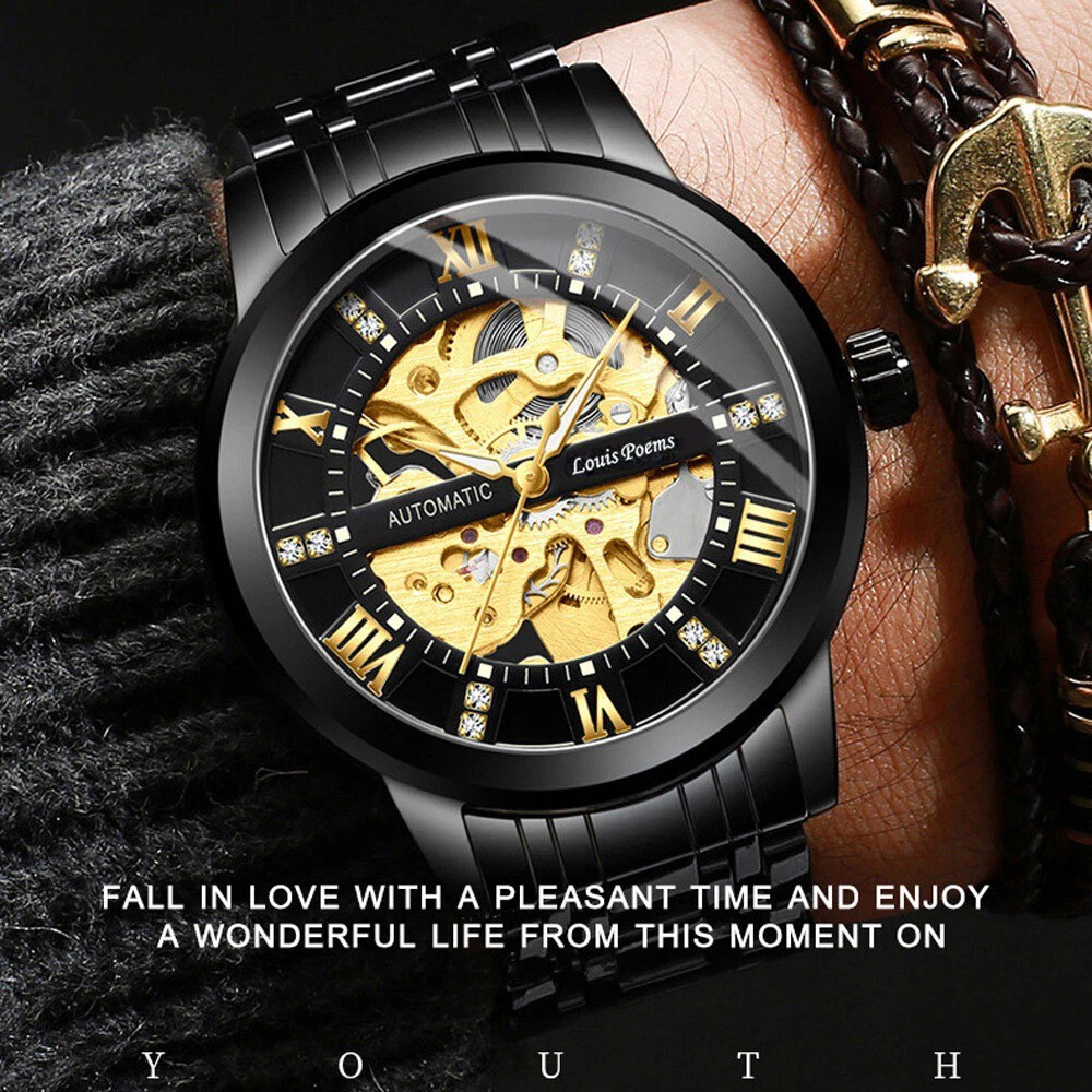Men’s Luxury Stainless Steel Gold Tone Skeleton Automatic Mechanical Wrist Watch