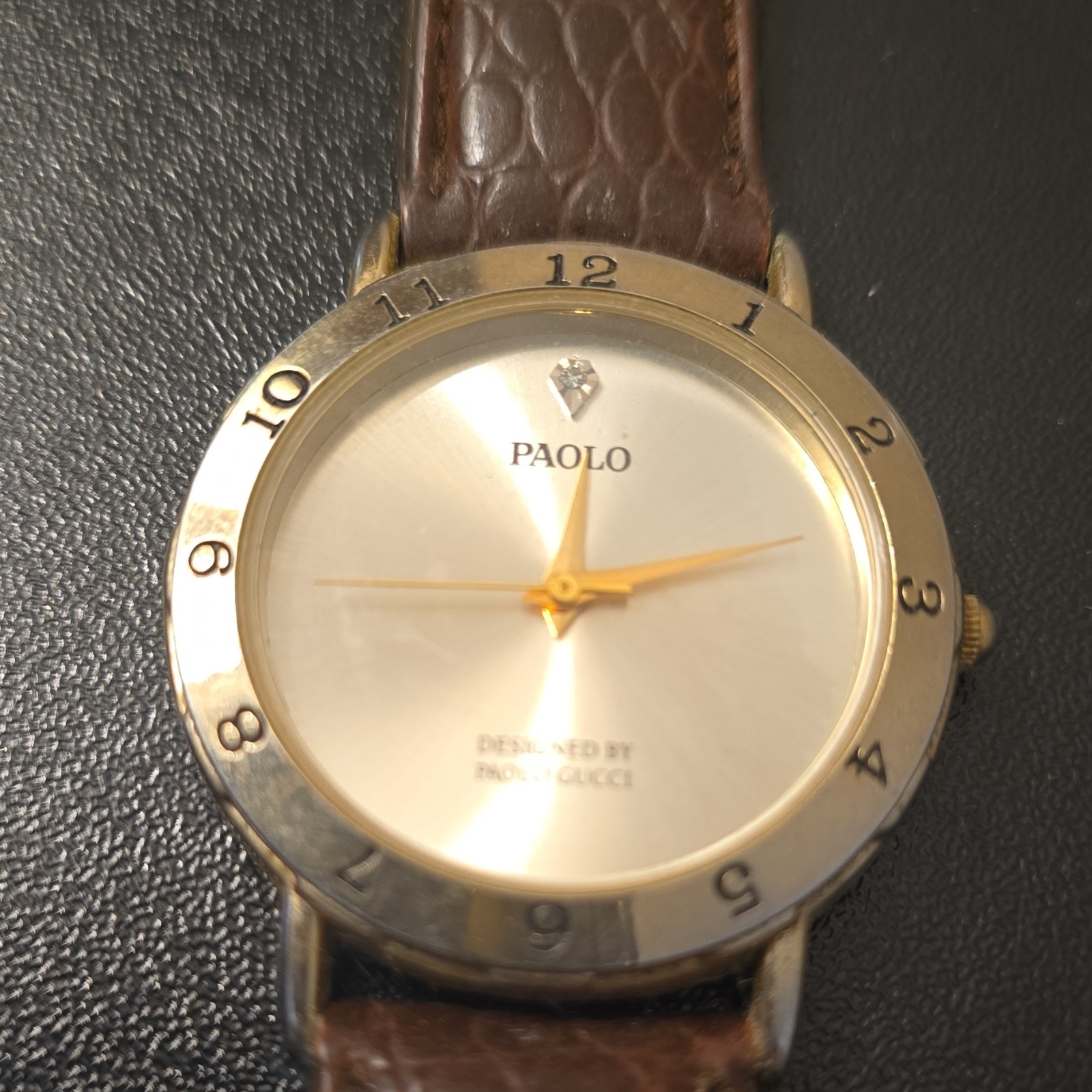 Paolo Gucci Gold Analog Quartz Dress Watch Brown Leather Strap Round Dial
