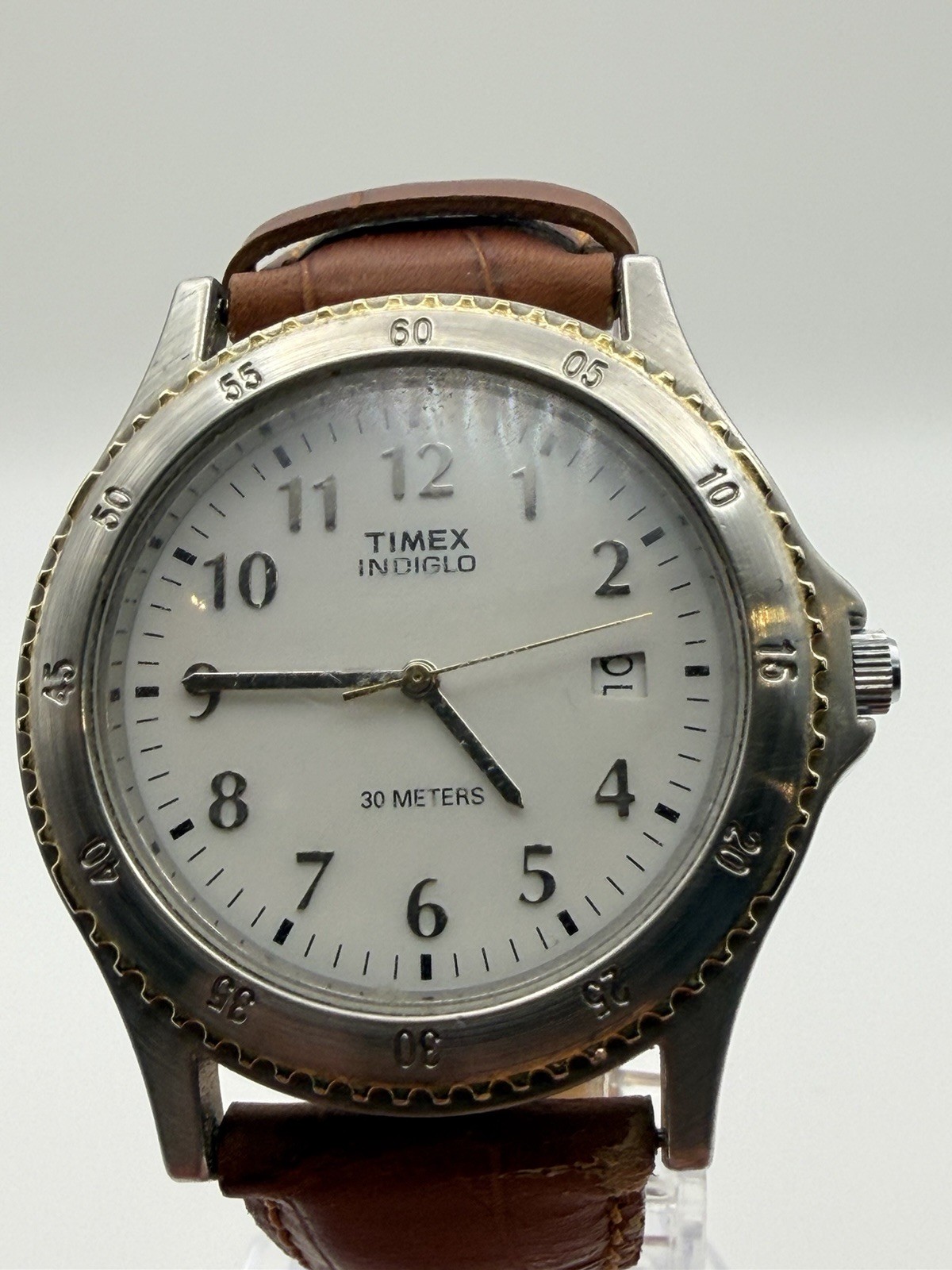 Timex Indiglo White Dial Quartz Date 30m WR Brown Leather Strap Watch