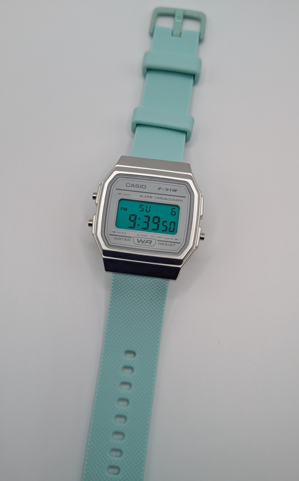 Casio F-91W Emerald Green Custom Watch Mod Silver White Mint Quick Release Strap