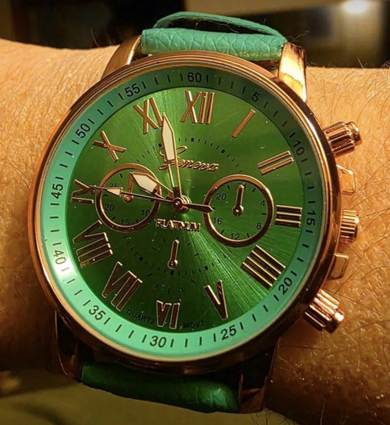 Geneva Platinum Green Dial Rose Gold Case Green Leather Strap Quartz 40mm Watch