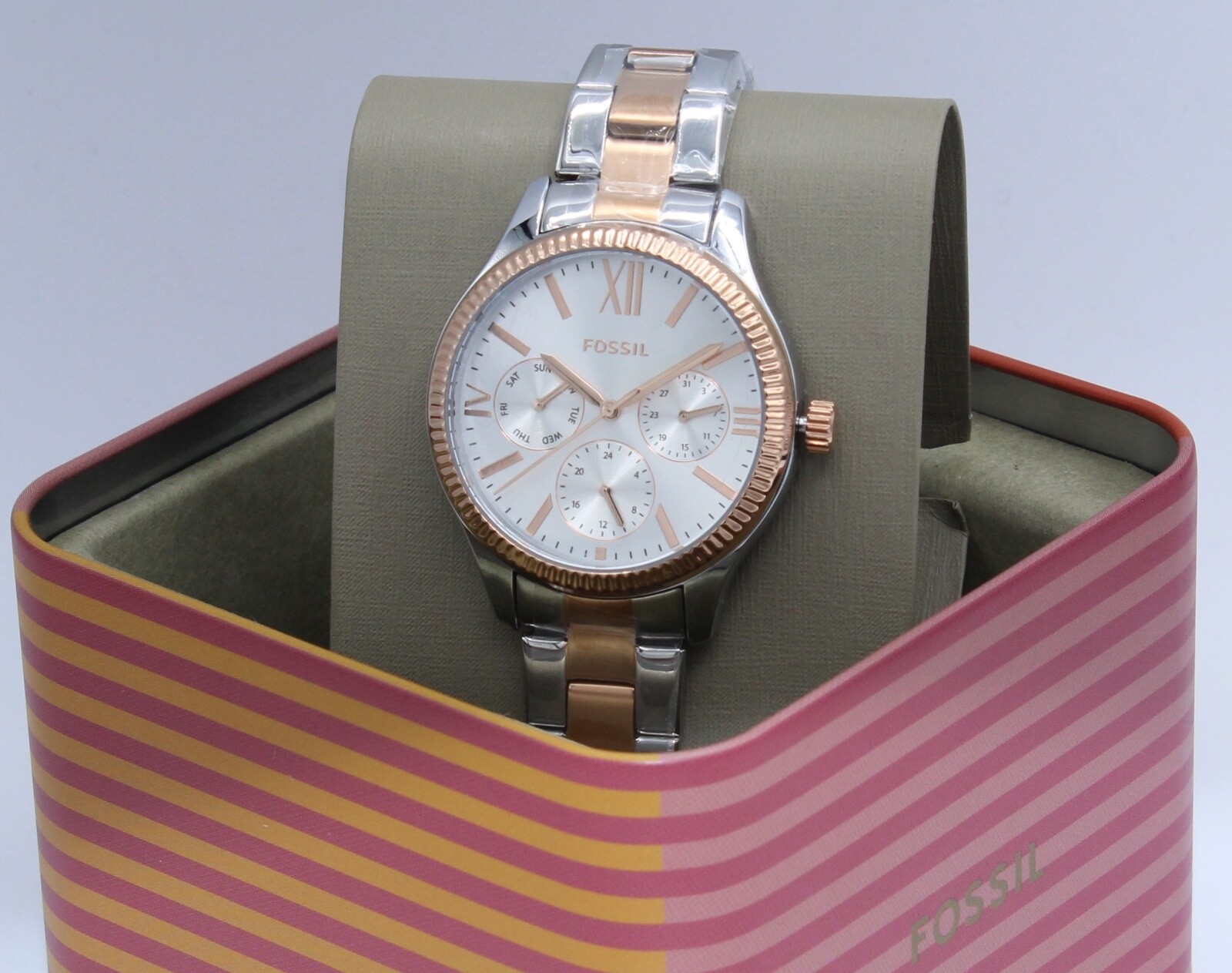 NEW AUTHENTIC FOSSIL RYE MULTIFUNCTION SILVER ROSE GOLD WOMEN’S BQ3761 WATCH