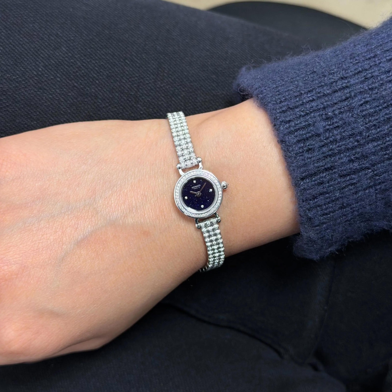 Hermes Faubourg Joaillerie W049640WW00 16.3 mm 18K Gold Diamond Blue Dial Watch