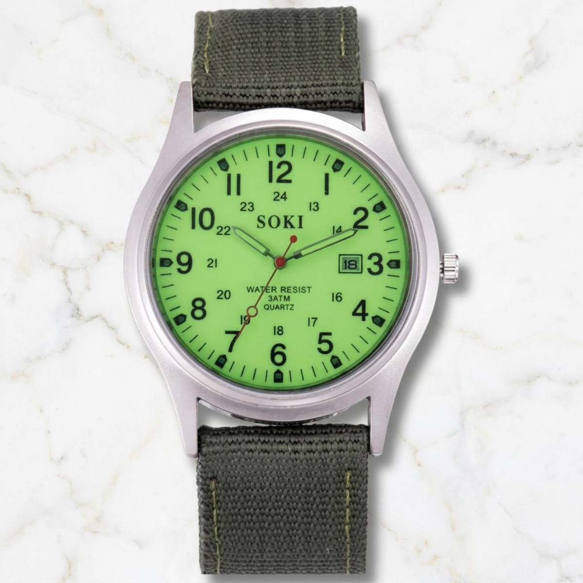 Men’s Military Army Style Luminous Dial 24Hr Green Nylon Strap Date Quartz Watch