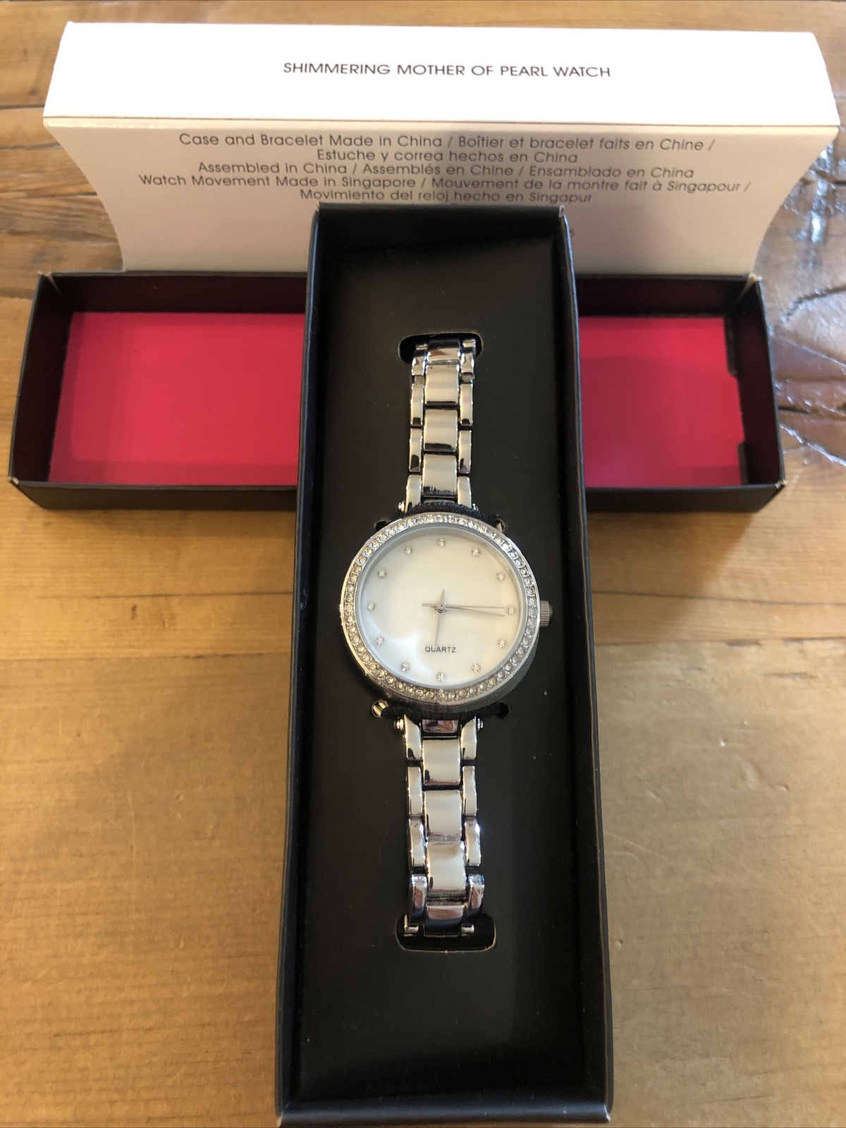 Avon Watch Silver Strap Mother Of Pearl Face Rhinestone Trim Gift Boxed