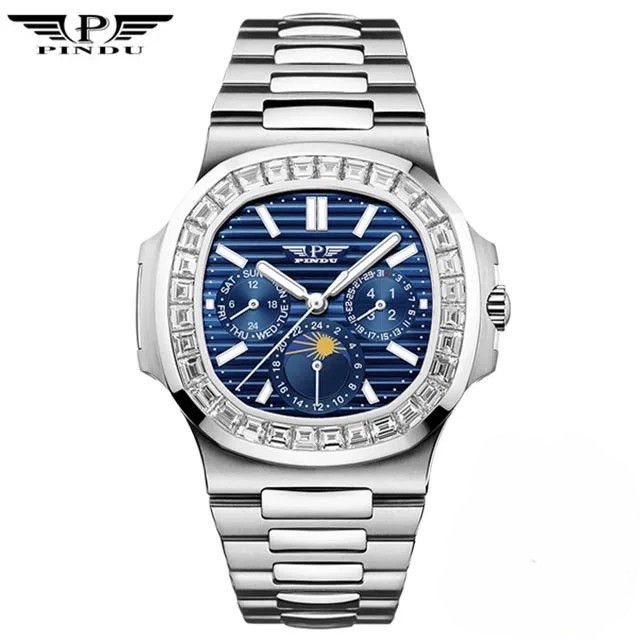 🔥USA🔥PINDU P6502 Men’s Automatic Blue Watch Square Diamond Moon phase