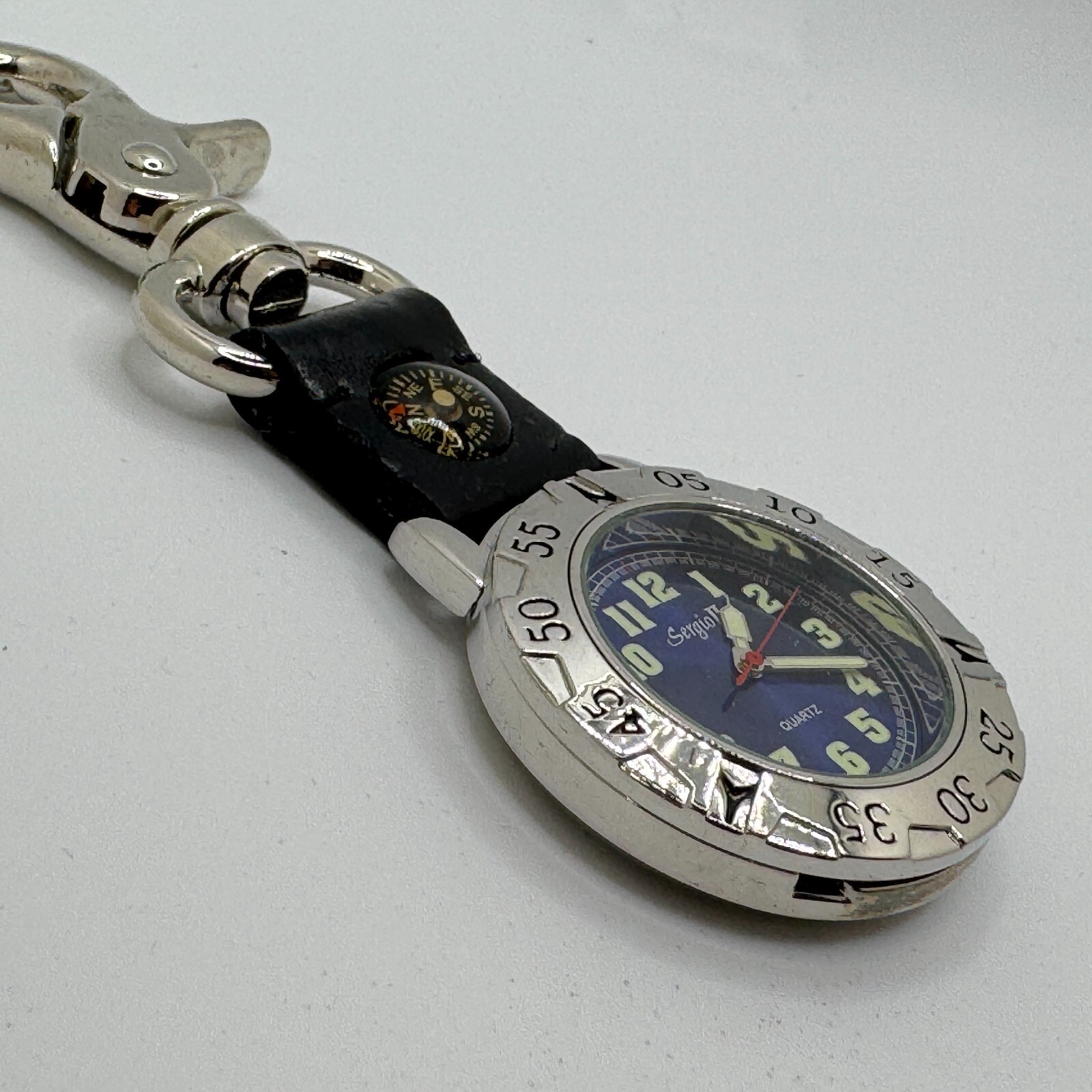 Sergio II Quartz Pocket Watch Men Silver Blue Rotating Bezel Snap-on New Battery