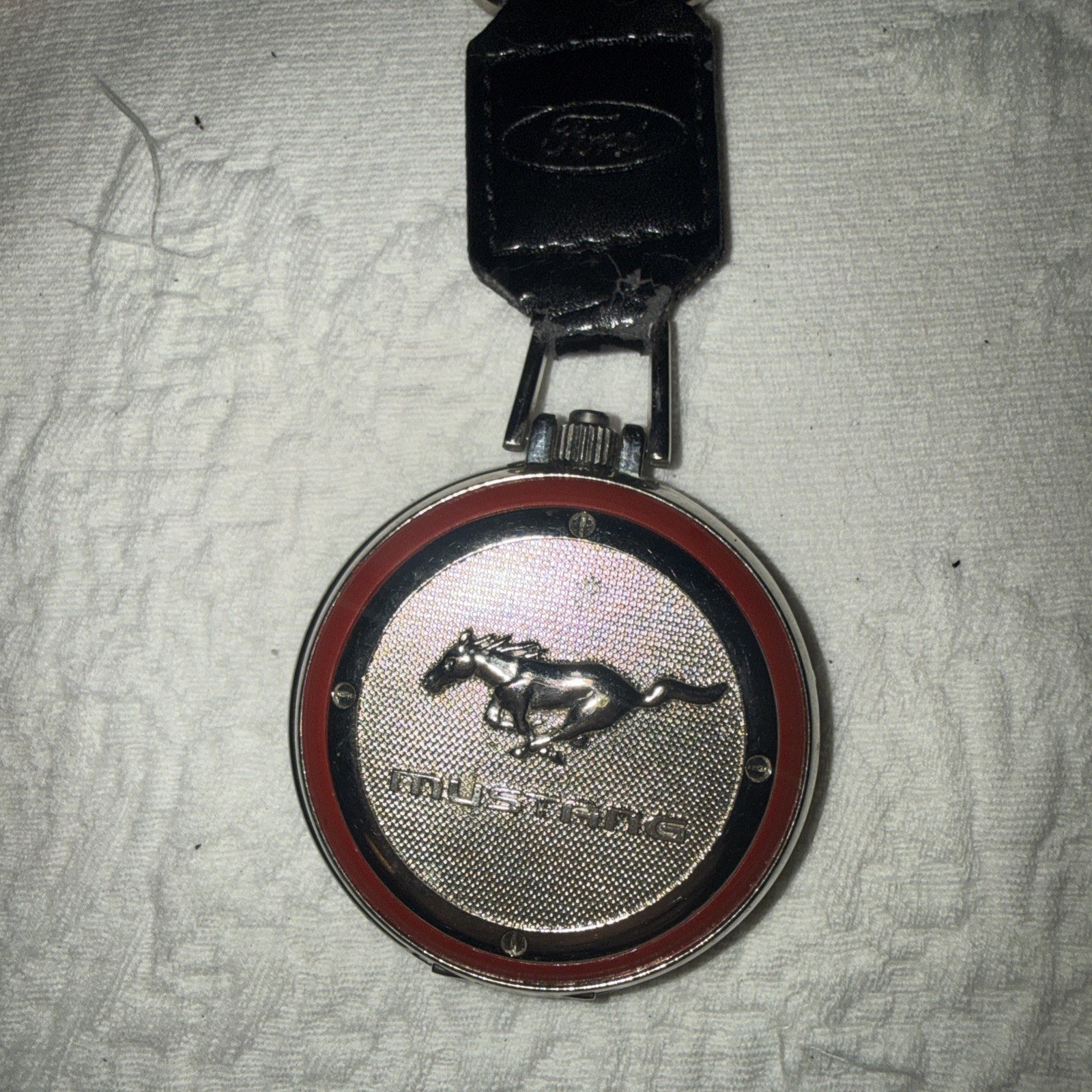 VTG Ford Mustang Silver Tone Pocket Watch w/Flip Cover & Clip Needs Battery