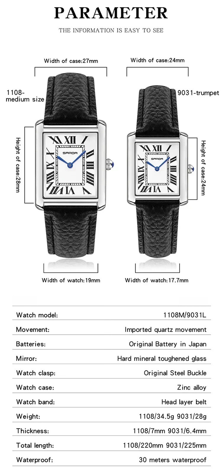 Men Women Square Dial Quartz Watch Leather Strap Waterproof Sport Casual