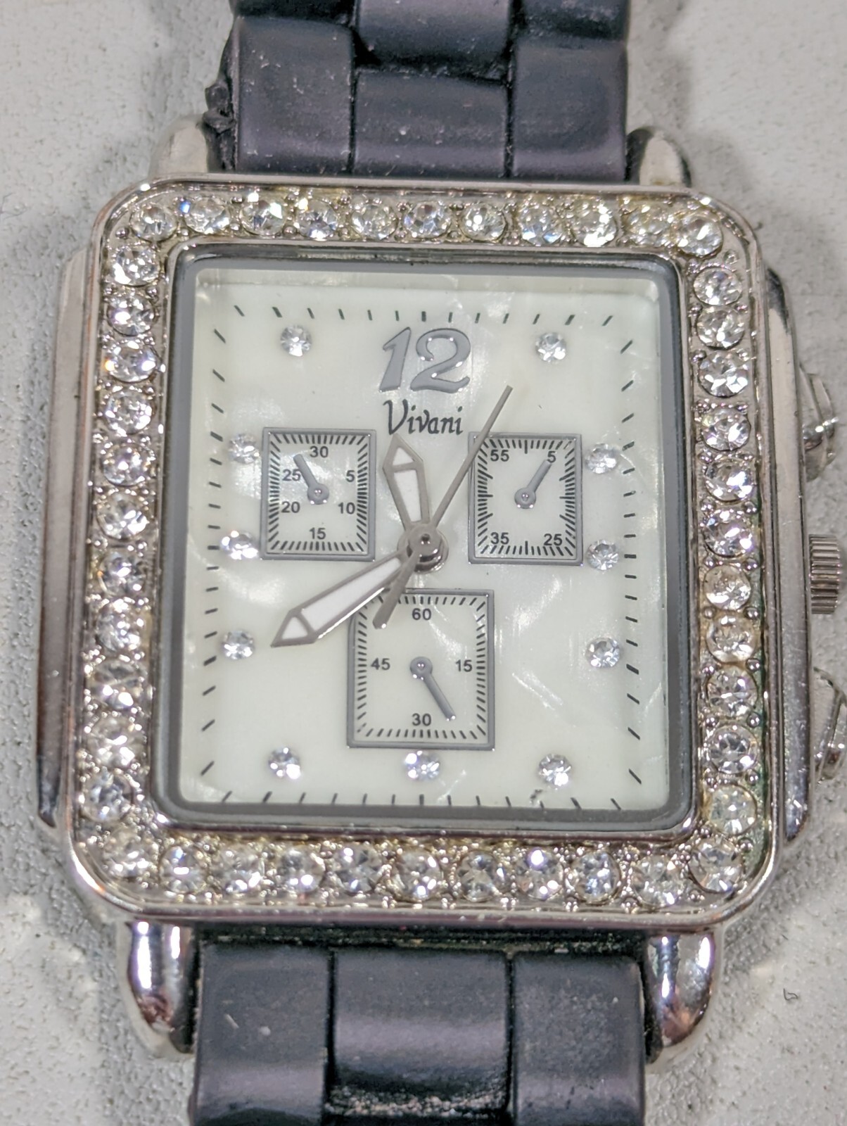 Vivani Pearlized Dial Silver Tone Crystal Accent Rectangle Case Black Band Watch
