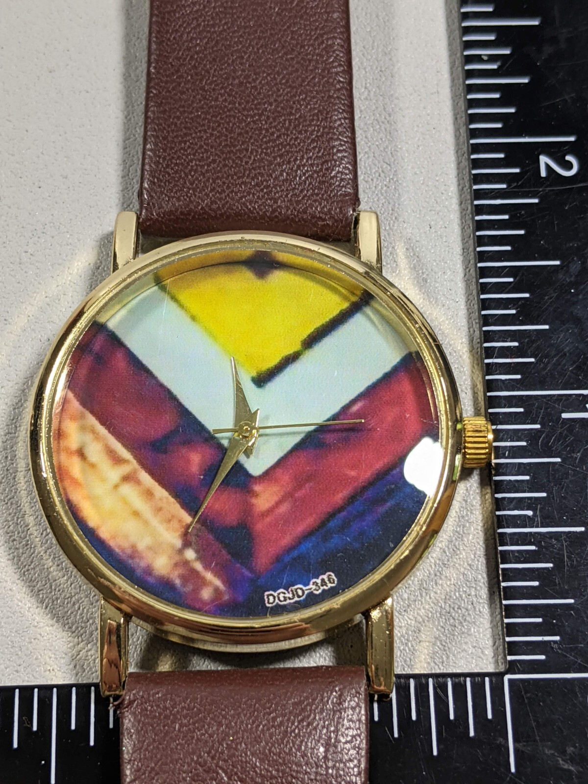 Yellow White Red Blue Dial Gold Tone Round Case 37 mm Brown Faux Leather Watch