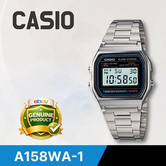Casio A158WA-1 Authentic Classic Digital Watch, Chronograph, Alarm, Date