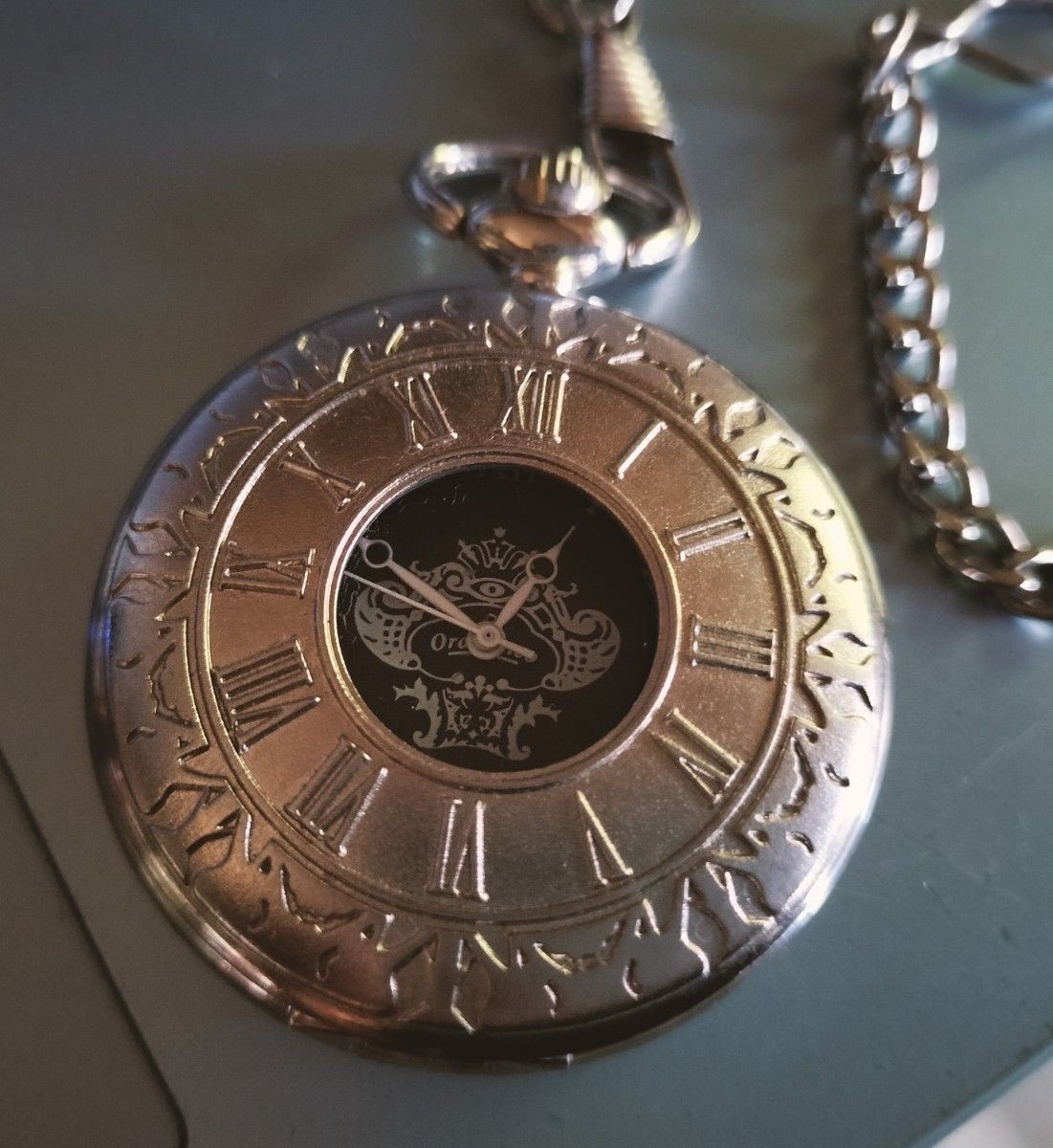 Orobianco Pocket Watch Silver Roman Numeral Chain Quartz Vintage Style Japan