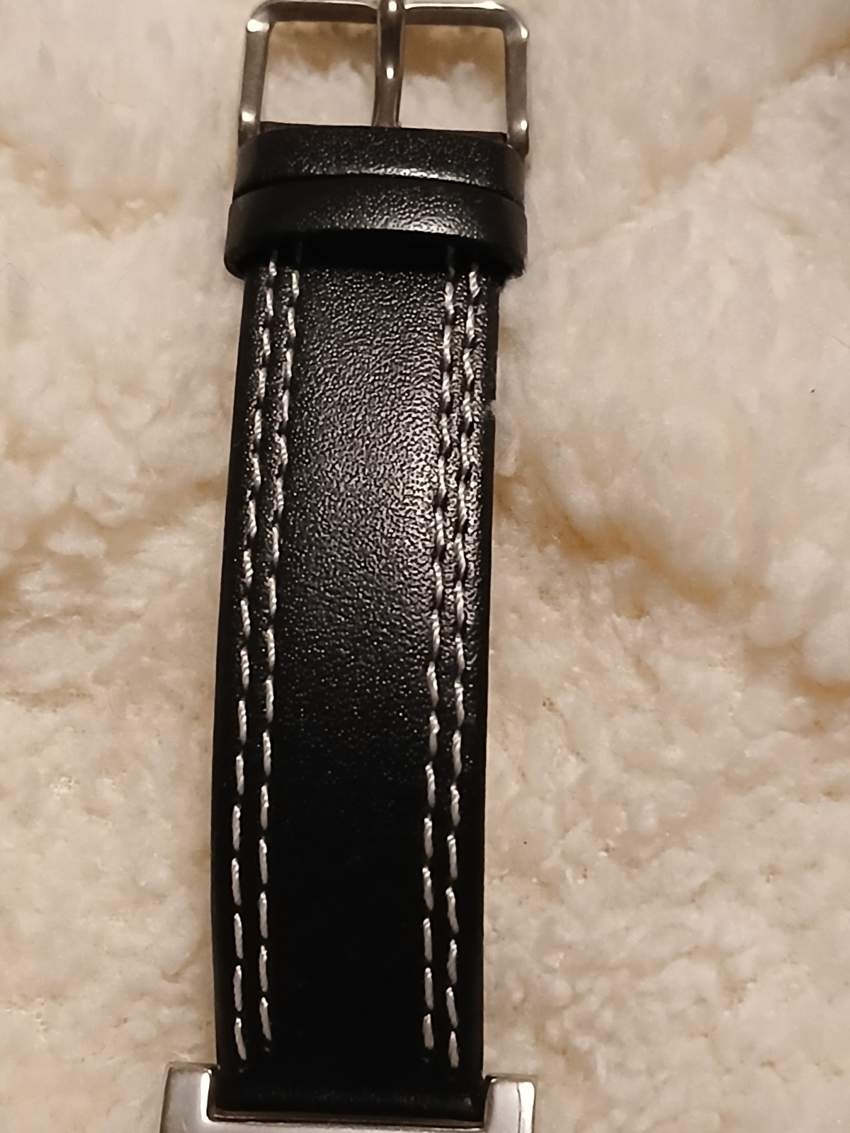 Vintage Decade Quartz Rectangle Watch Black Dial Silver Case Leather Strap EUC