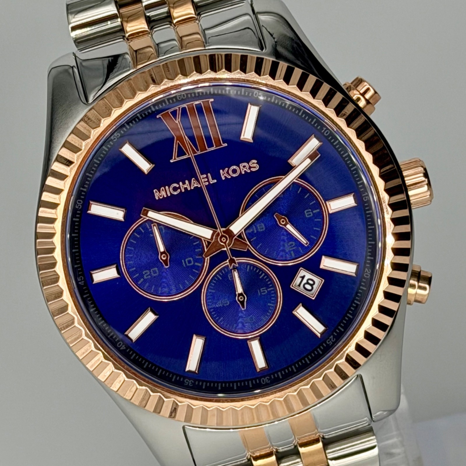 MICHAEL KORS Lexington MK8412 Silver/ Rose-Gold 45mm Blue Dial Unisex Wristwatch