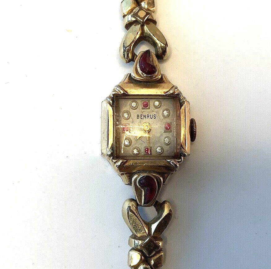 Vintage Benrus Womens Watch Red Clear Rhinestone Face Gold Tone 245