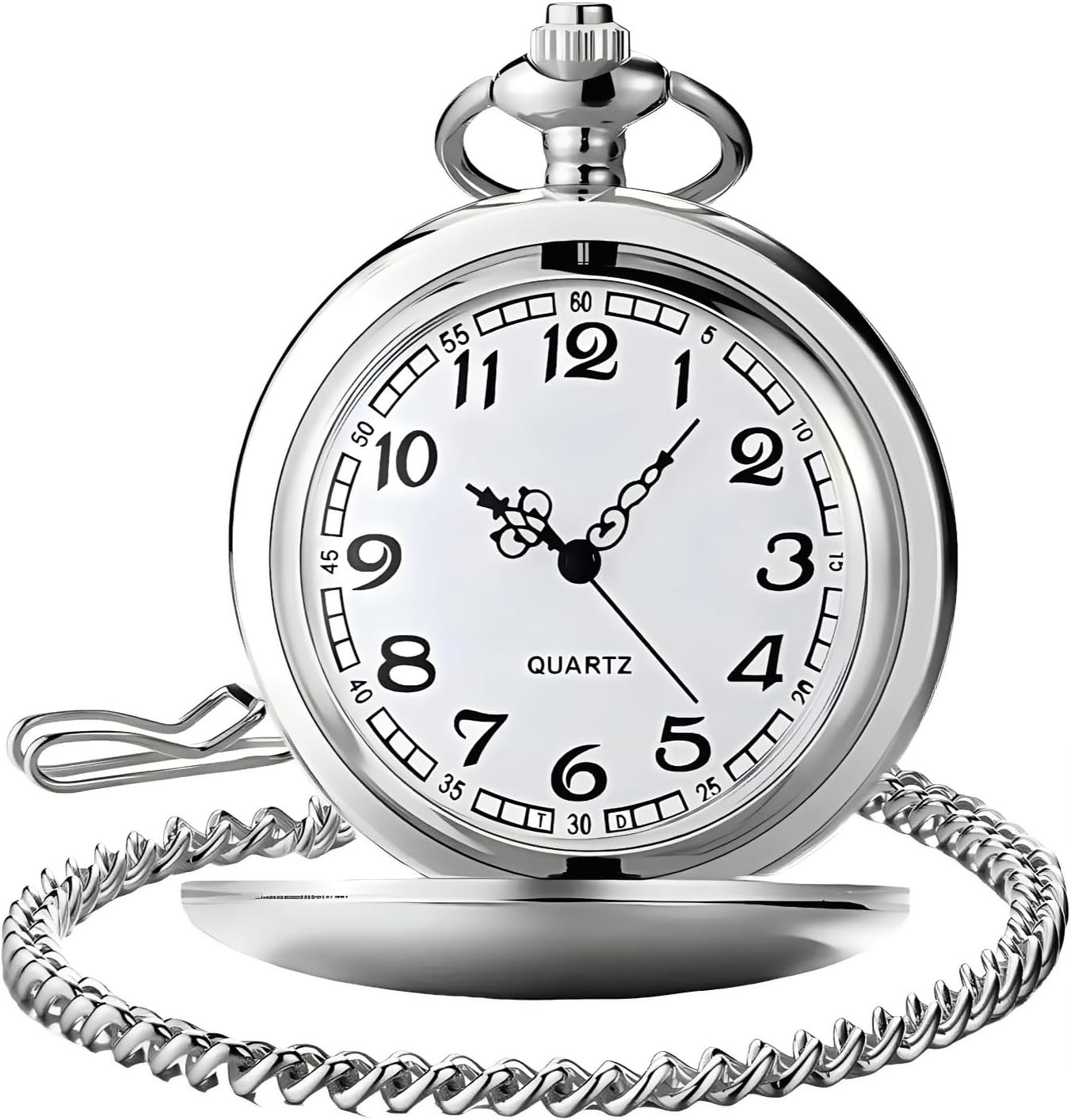 Smooth Vintage Pocket Watch with Chain, Arabic Numerals Scale Mens