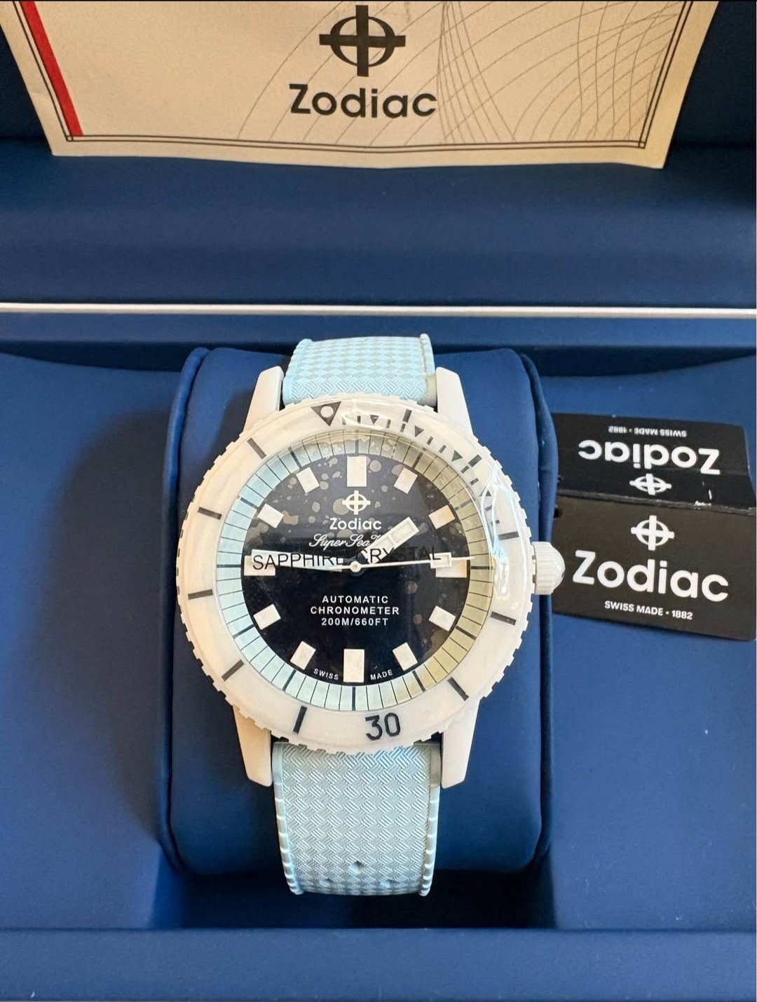 Zodiac Super Sea Wolf 41 mm White Ceramic/Stainless Steel Case with Blue Rubber