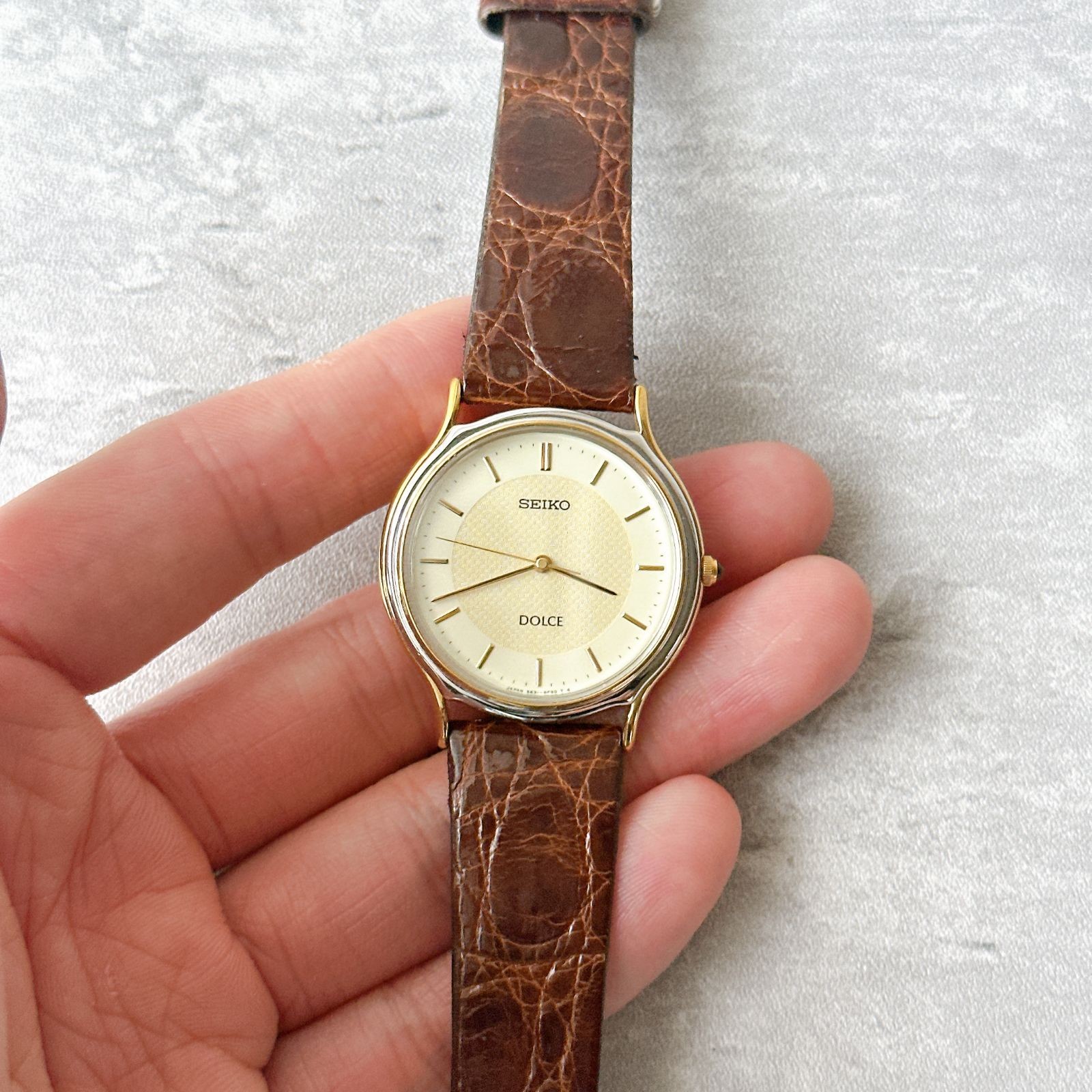 SEIKO Dolce 5E31 6D60 Gold Combination Ivory Dial Men’s Quartz Dress Watch Leath