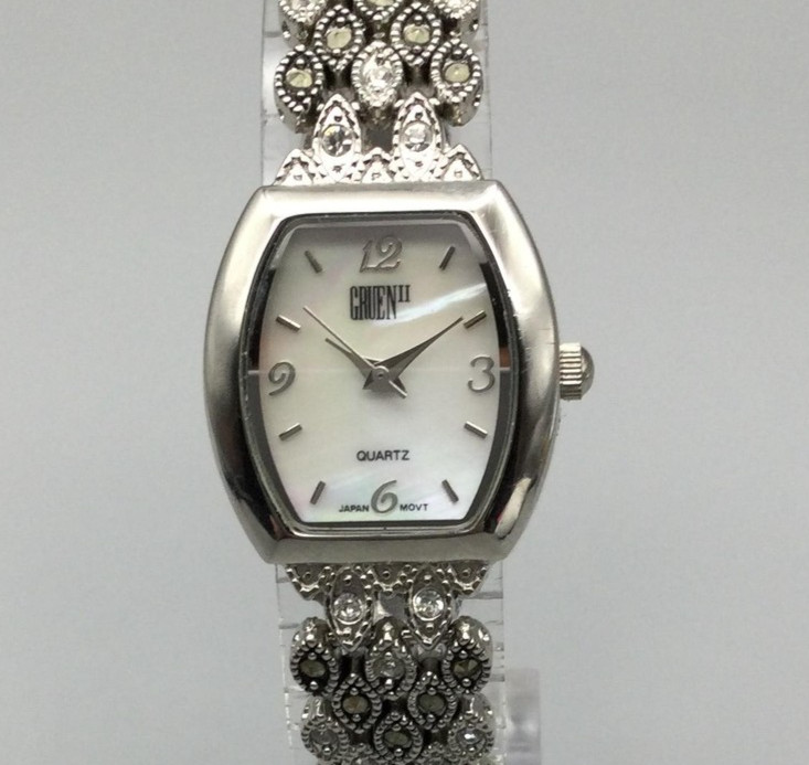 Gruen Womens Watch 22mm Silver Tone Marcasite Mother of Pearl Dial 7.75″