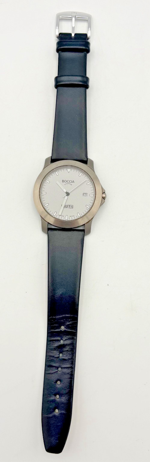 Boccia Titanium Mens Watch Day Date Sapphire Crystal 10 Bar Leather Band