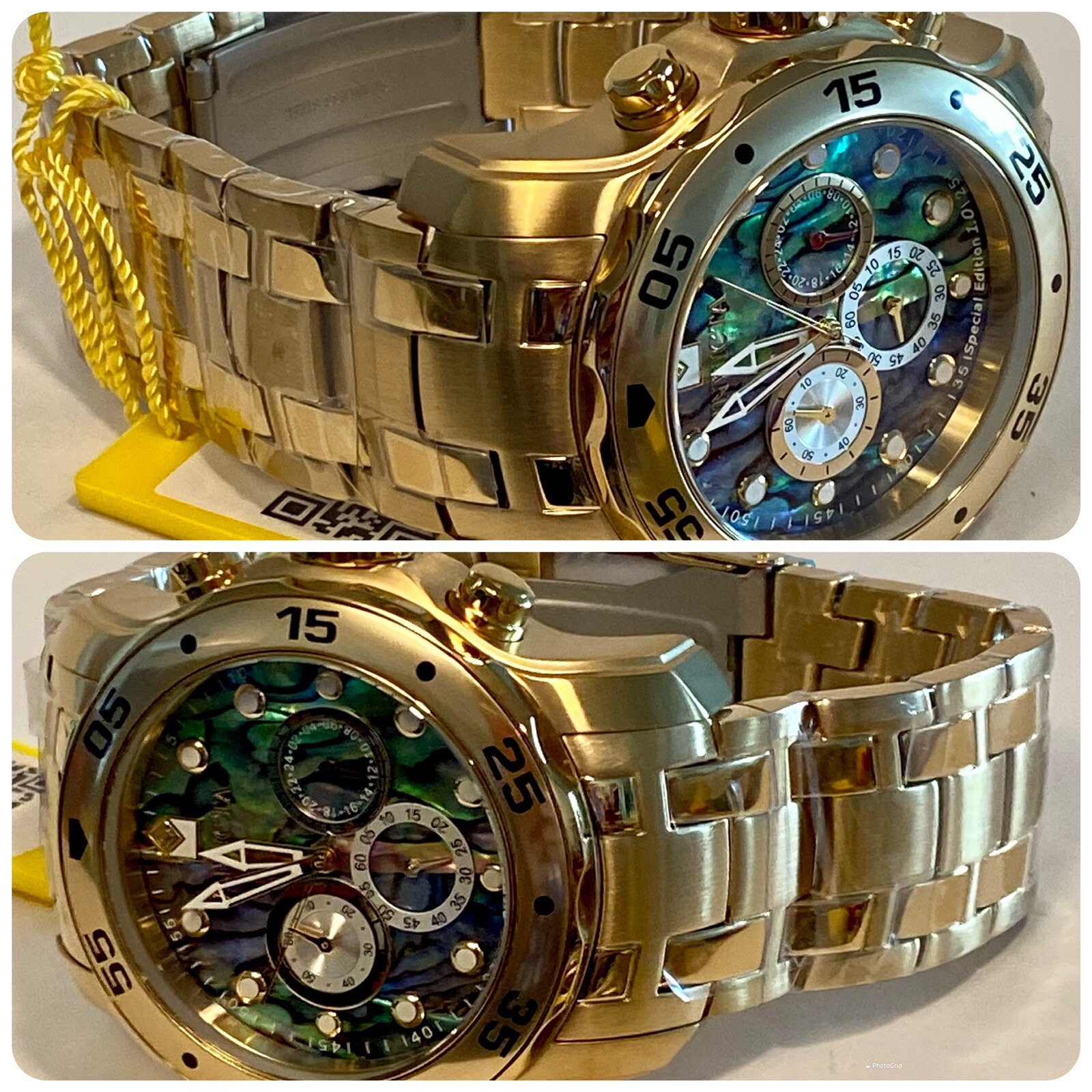 Invicta Abalone 48mm Goldtone Pro Diver Scuba Chrono Bracelet Quartz Mens Watch