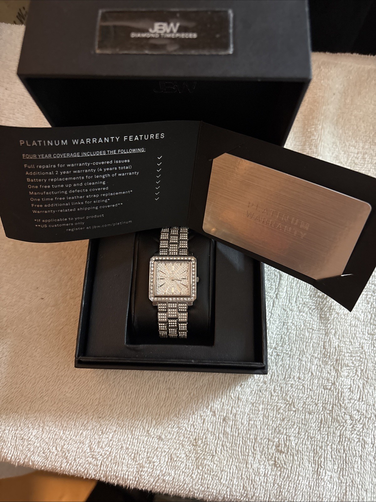 JBW Luxury Square Silver Diamond Accent Metal Wristwatch, Analog, Original Box