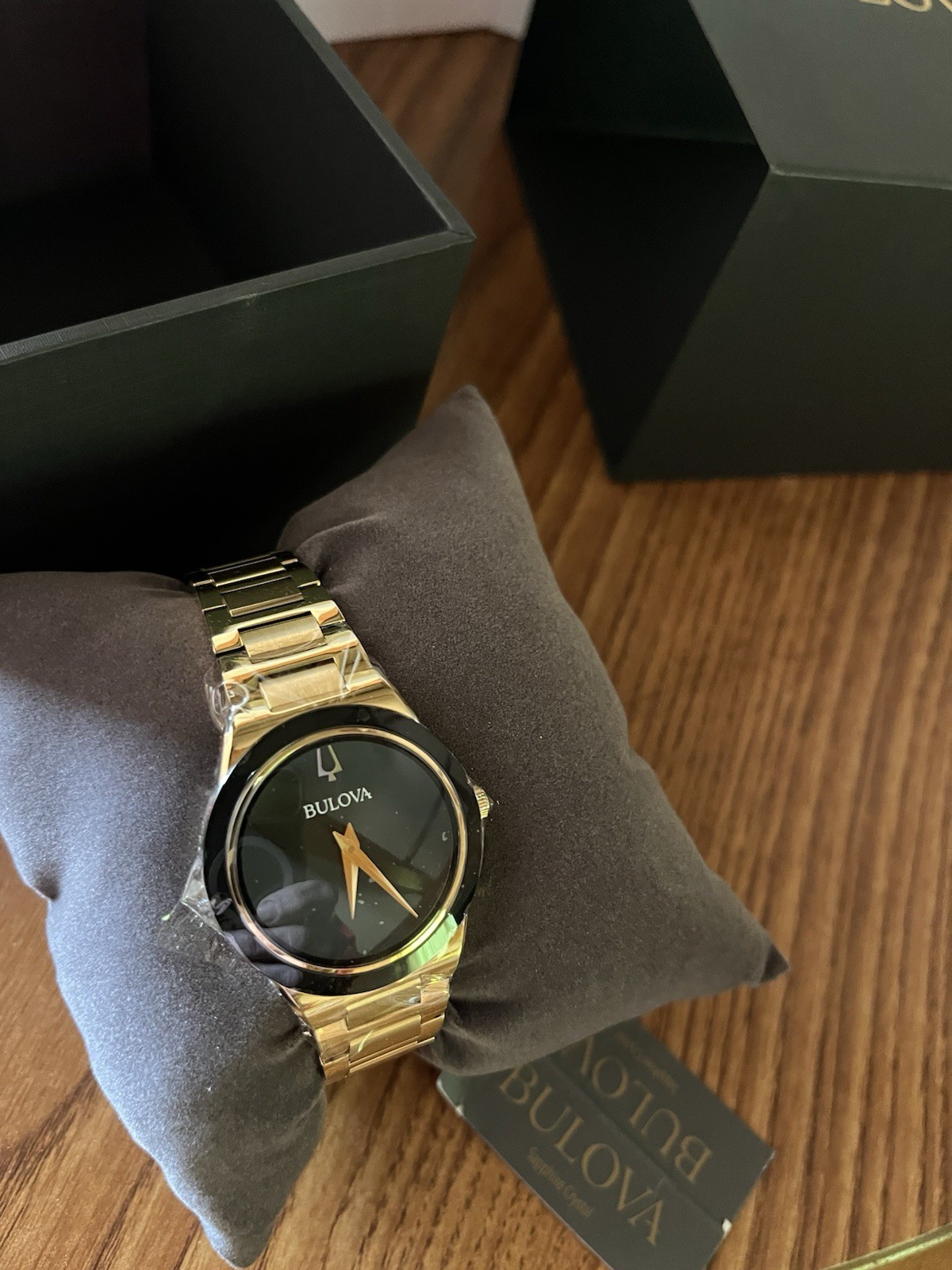 Bulova Women’s Millennia Gold Tone Stainless Steel 32mm Black Dial Watch 97l175