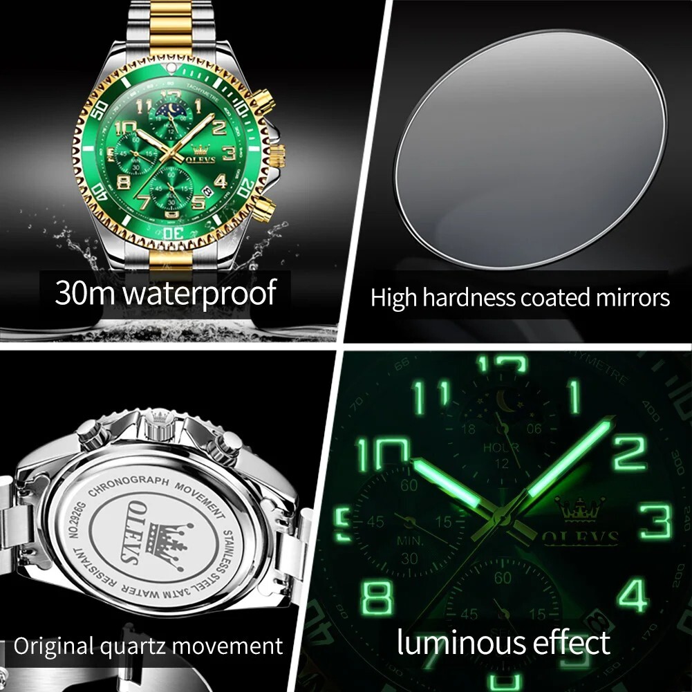 OLEVS Luxury Mens Quartz Watch Business 3 Bar Luminous Date Stainless Steel Band