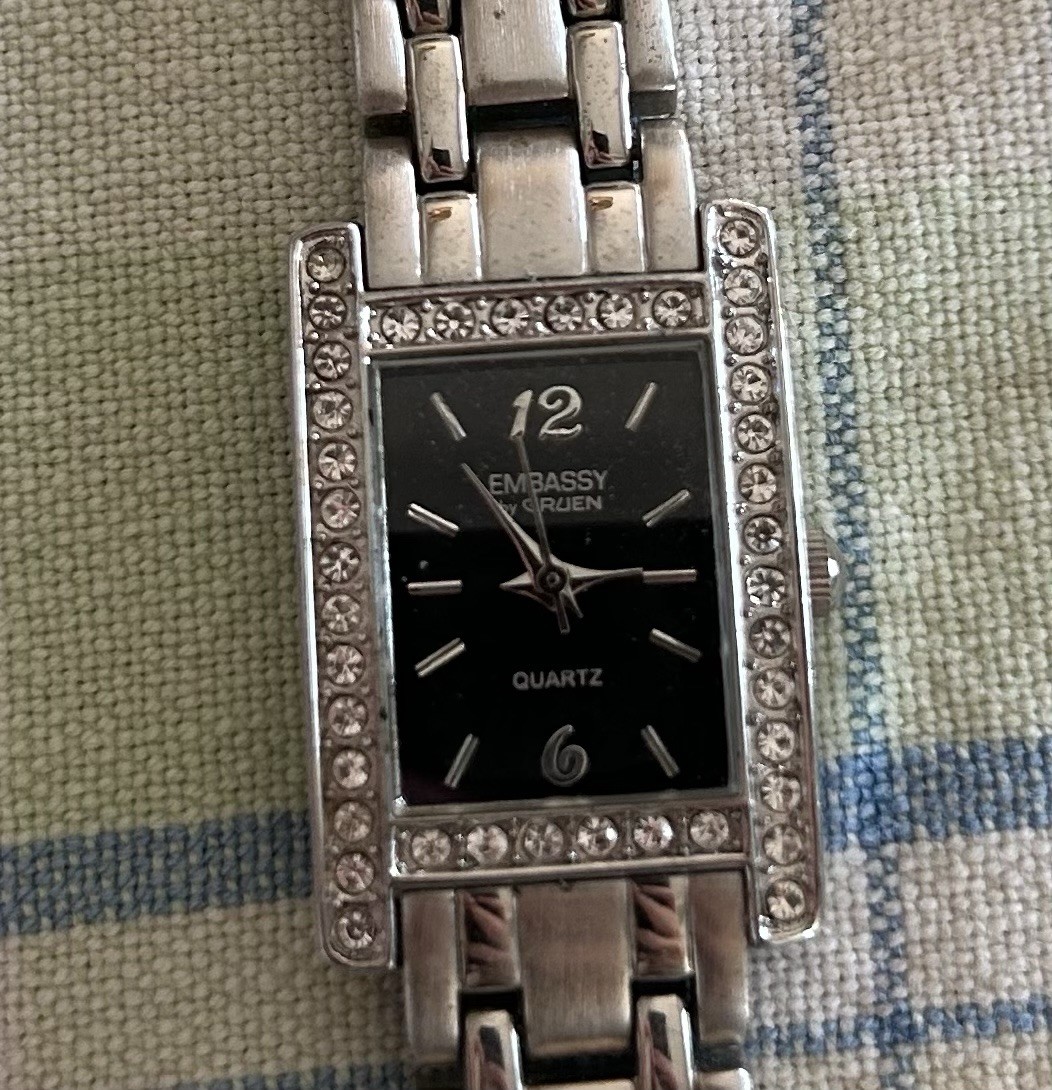 Gruen Embassy Quartz Women’s Rectangular Black Dial Gem-Set Bezel Steel