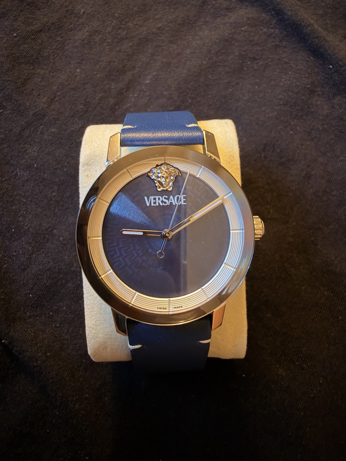 Versace Men’s Swiss Made Quartz Blue Dial Blue Leather Strap Gold Case 38mm