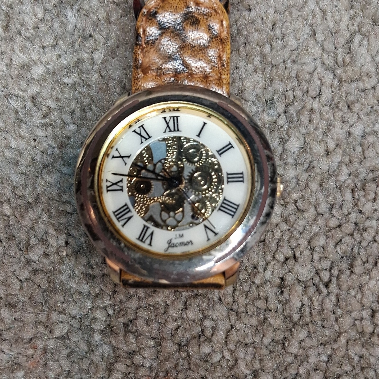 Jacmor J.M. Quartz Analog Skeleton Roman Dial Brown Leather Strap Watch