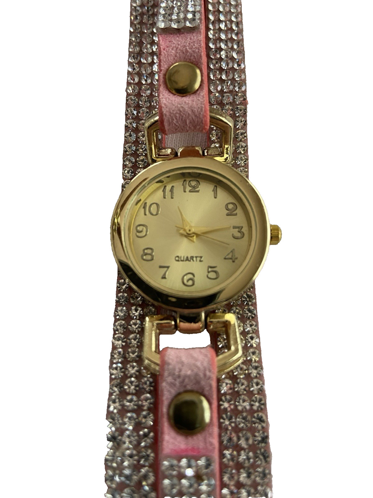 Vegan Suede Pink Goldtone Snap Close 3 Strands Rhinestone Watch New Battery #105