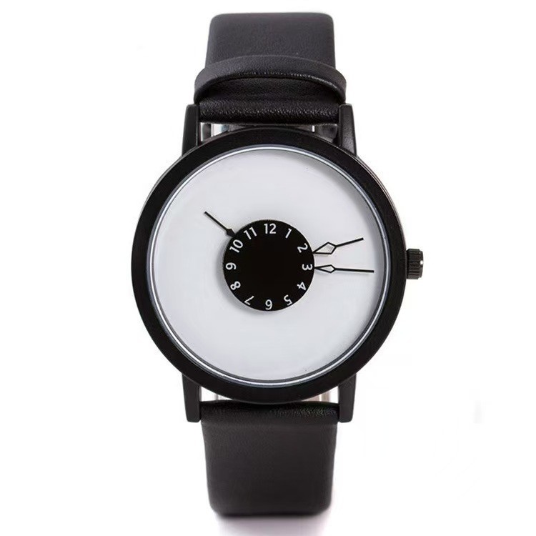 Unisex Analog Minimalist Unique Dial Watch Quartz with Black Faux Leather Band