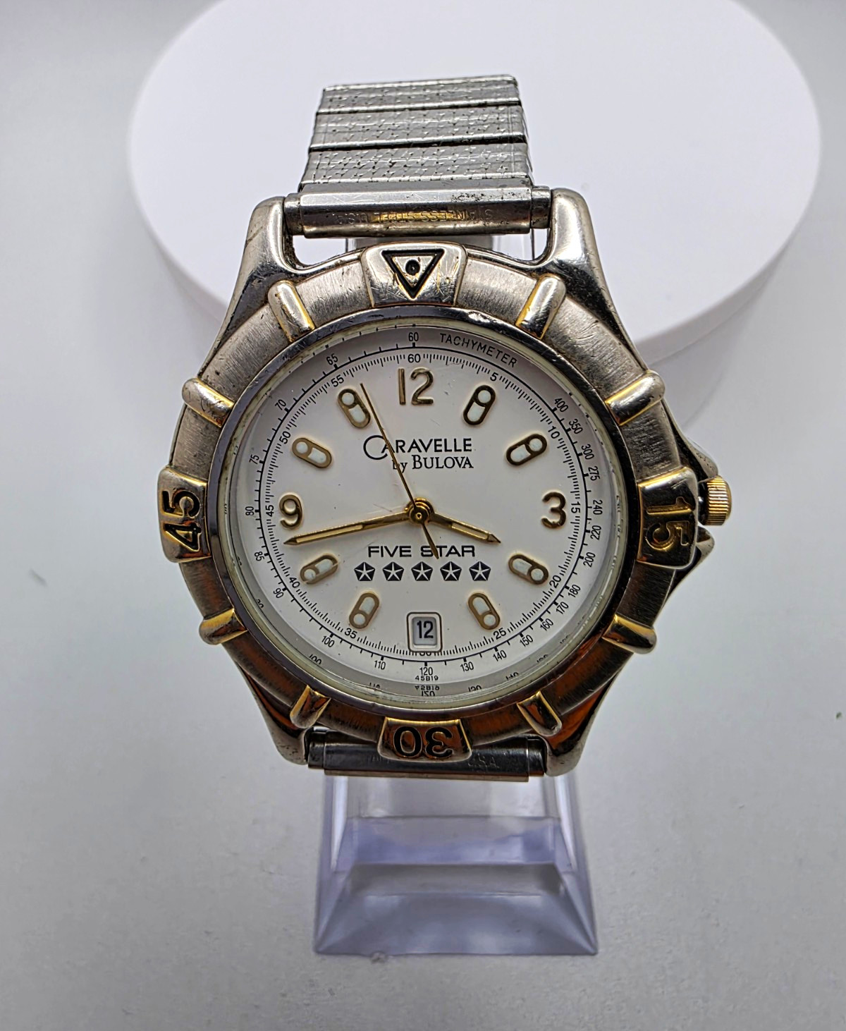 Caravelle By Bulova Men’s Five Star Watch Two Tone 38 MM White Dial Works Great