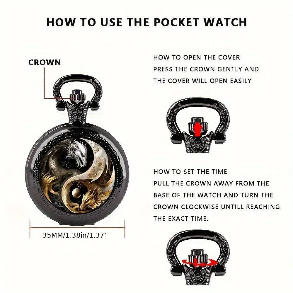 Retro Double Dragon Pattern Golden Silvery Quartz Pocket Watch Classic Style