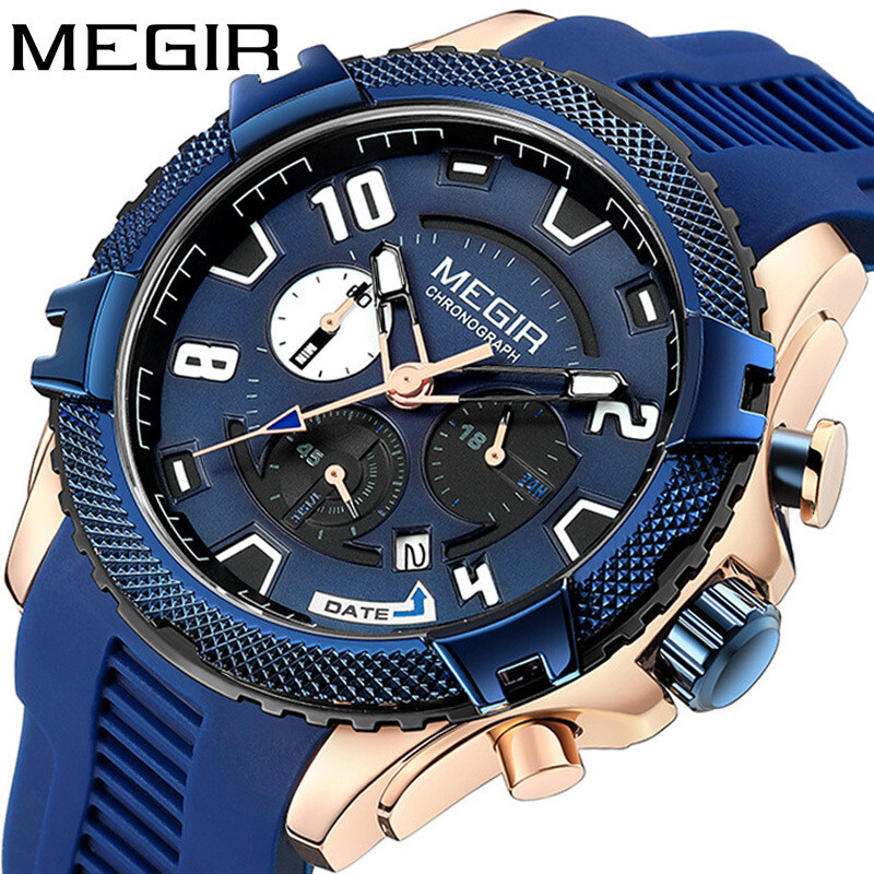MEGIR Watch Men Waterproof Chronograph Calendar Military Male Rubber Wristwatch