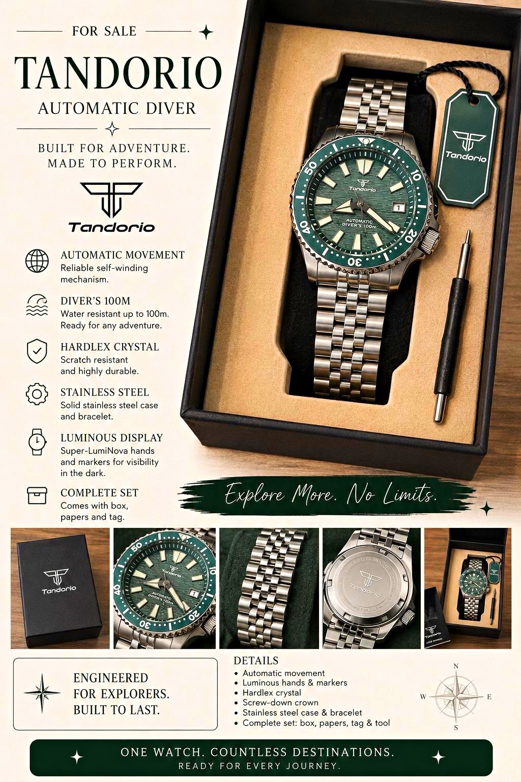 Tandorio TD005 G – Automatic Diver 41mm Green Dial/Bezel Auto 100m