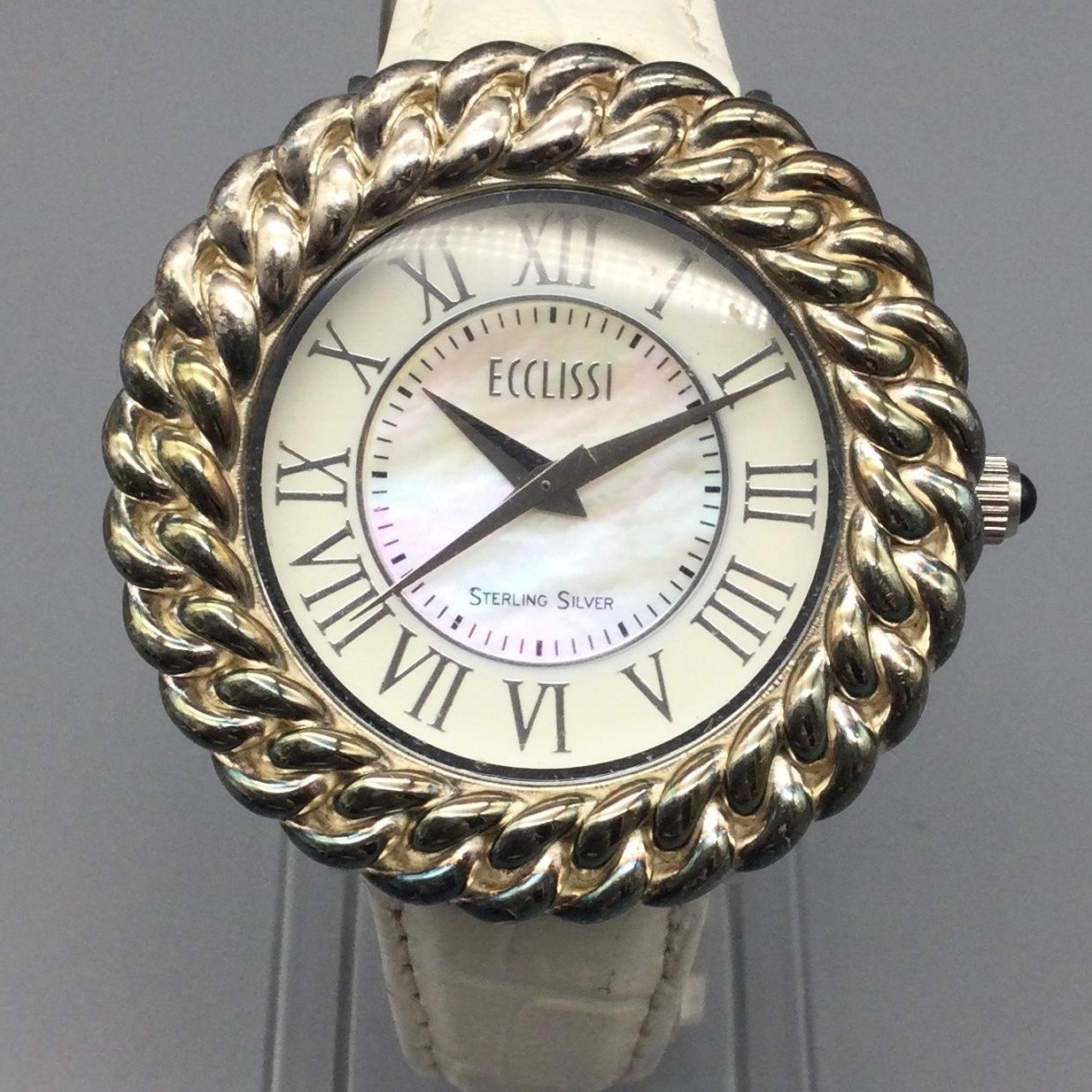 Ecclissi Womens Watch 37mm Sterling Silver MOP Dial Leather 23890 New Battery