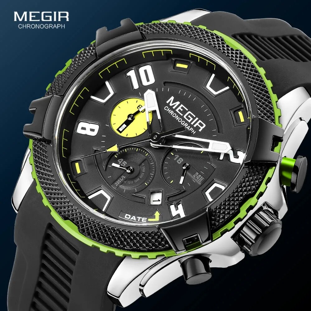 MEGIR Watch Men Waterproof Chronograph Calendar Military Male Rubber Wristwatch