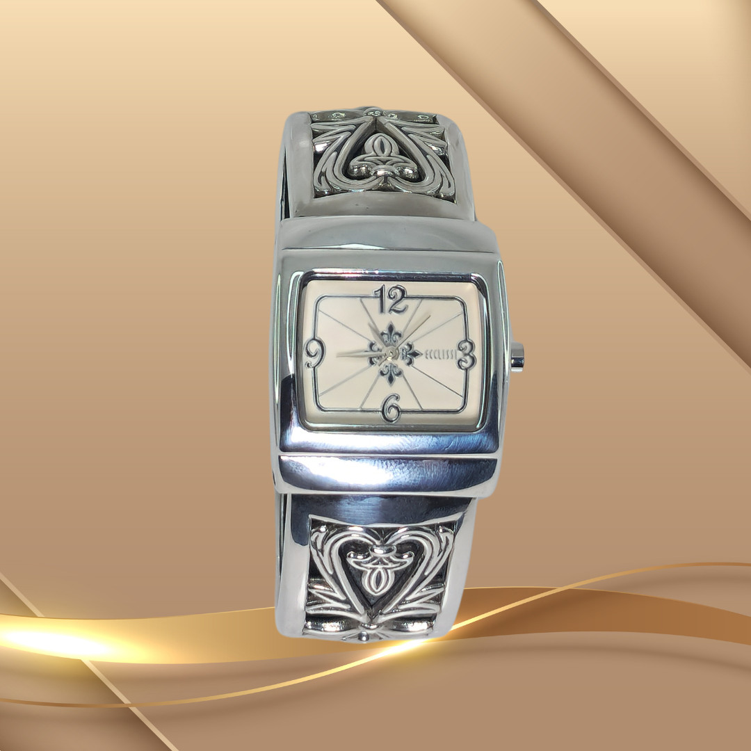 Ecclissi 925 Sterling Silver Heart Scroll Cuff Watch Women 27mm New Battery